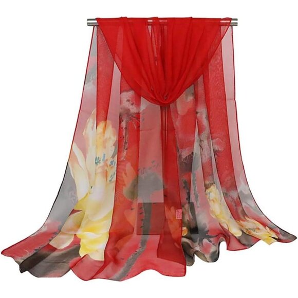 Scarfs Lightweight Print Floral Ink Lotus&red - Picture 2 of 4